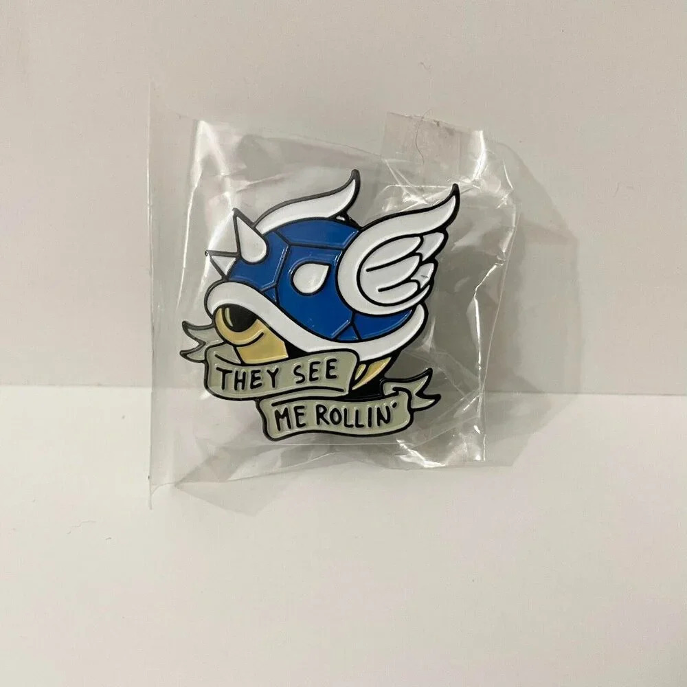 Mario Kart Blue Shell They See Me Rollin Enamel Metal Pin Double Rubber Backing